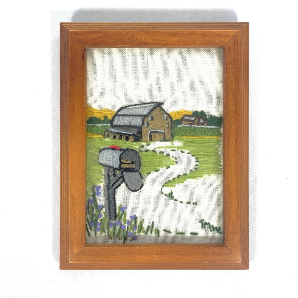 Farm Scene Crewel Embroidery Framed Art Rustic Barn Pasture 8.5x6.5